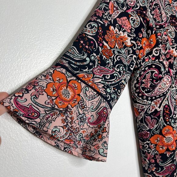 J Jill Boho Blouse Floral Paisley Bell Sleeve Navy Orange Pink M Petite - Picture 3 of 9